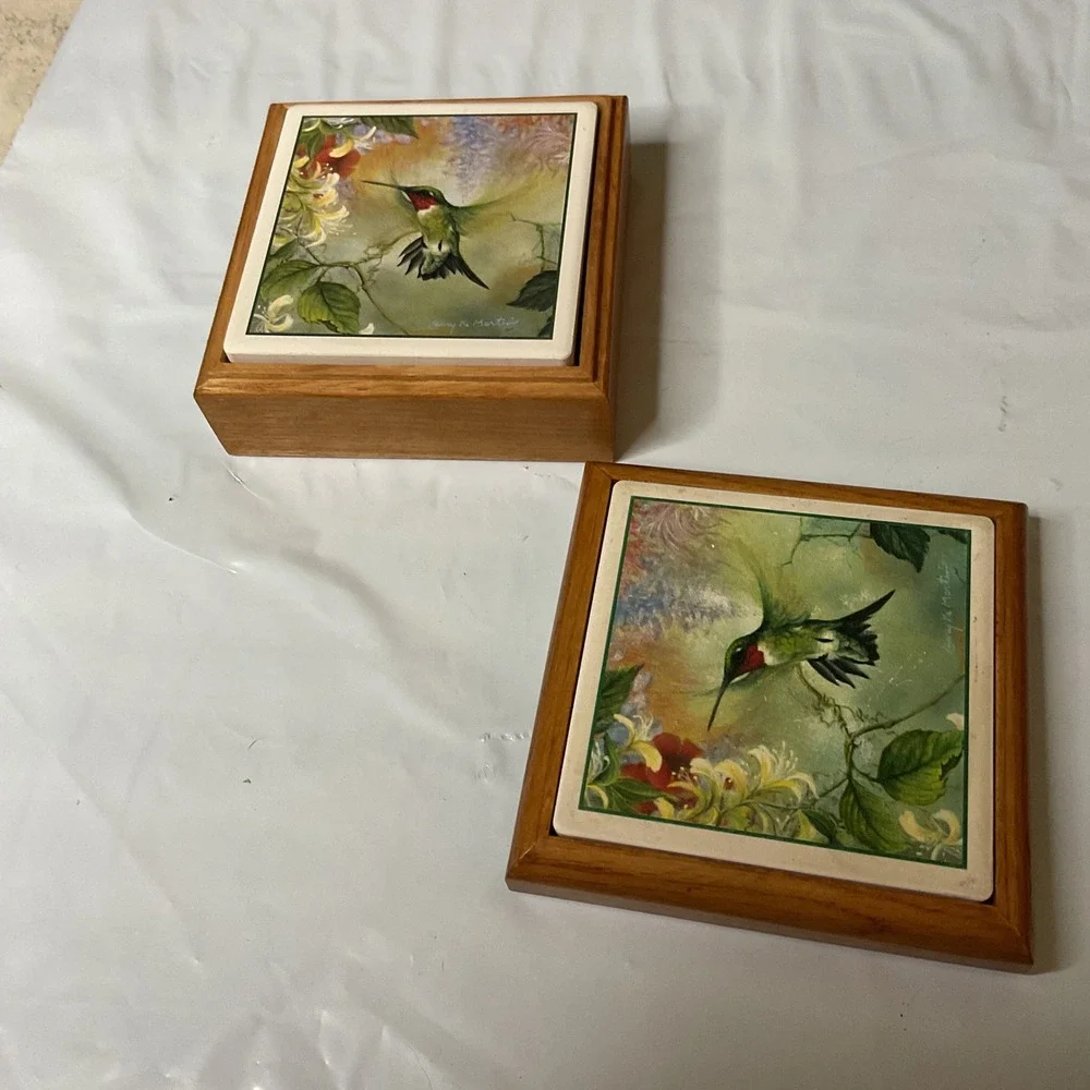 Larry K Martin Hummingbird AbsorbaStone Coasters -Set w/ Wooden Storage Box 5 pc